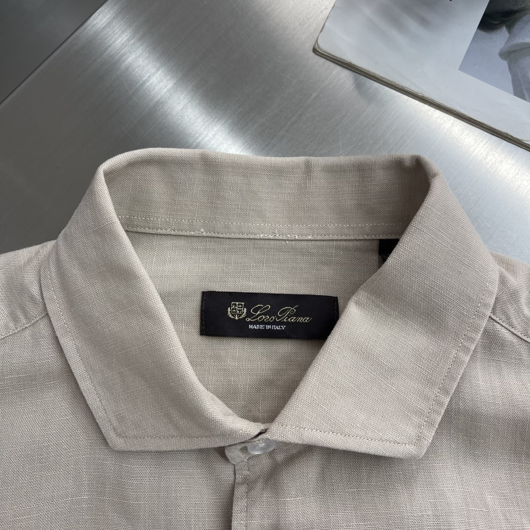 -loro Piana 26SS春夏新款进口亚麻面料纯色翻领衬衣，男士简约logo刺绣标识商务休闲百搭长