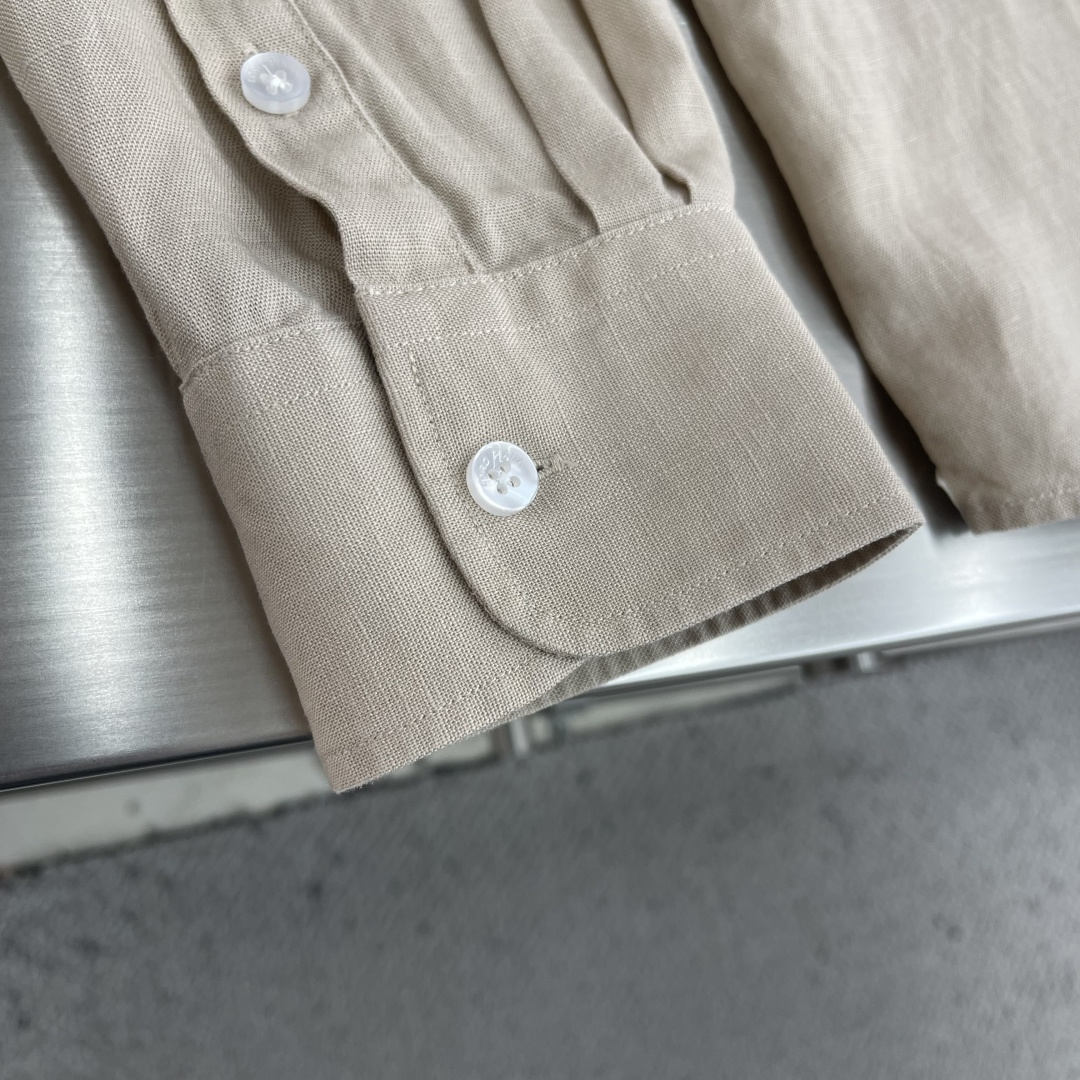 -loro Piana 26SS春夏新款进口亚麻面料纯色翻领衬衣，男士简约logo刺绣标识商务休闲百搭长