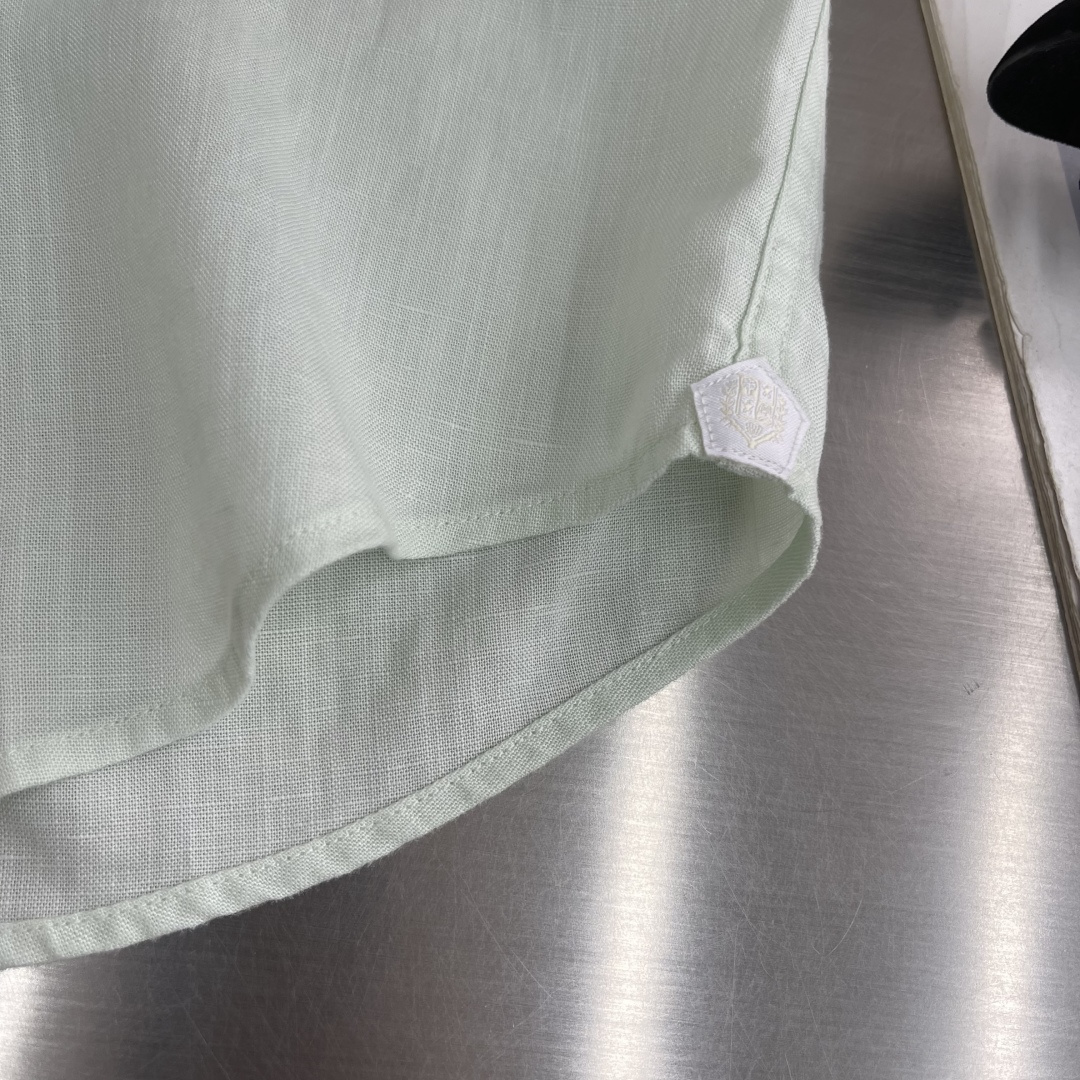 -loro Piana 26SS春夏新款进口亚麻面料纯色翻领衬衣，男士简约logo刺绣标识商务休闲百搭长