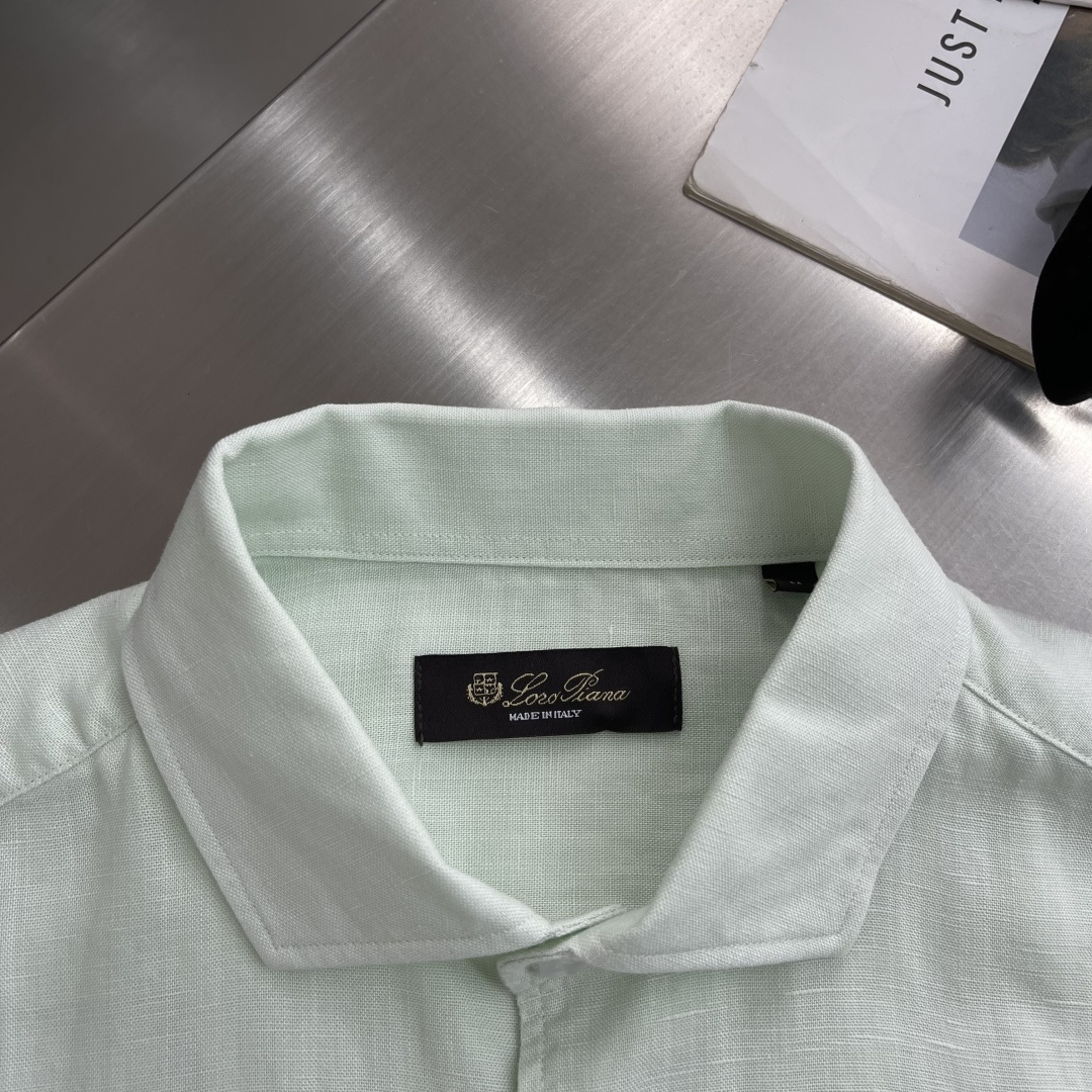 -loro Piana 26SS春夏新款进口亚麻面料纯色翻领衬衣，男士简约logo刺绣标识商务休闲百搭长
