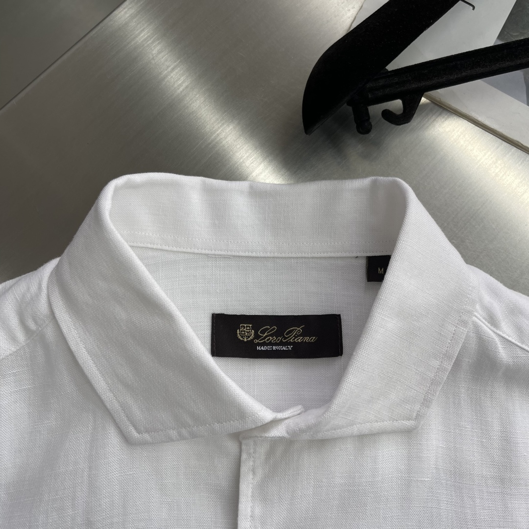 -loro Piana 26SS春夏新款进口亚麻面料纯色翻领衬衣，男士简约logo刺绣标识商务休闲百搭长
