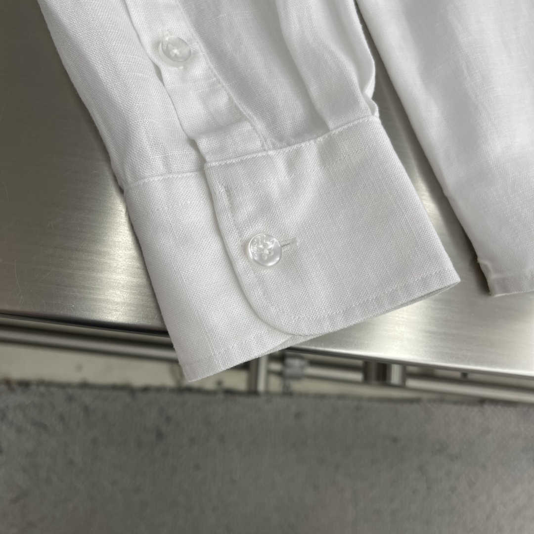 -loro Piana 26SS春夏新款进口亚麻面料纯色翻领衬衣，男士简约logo刺绣标识商务休闲百搭长