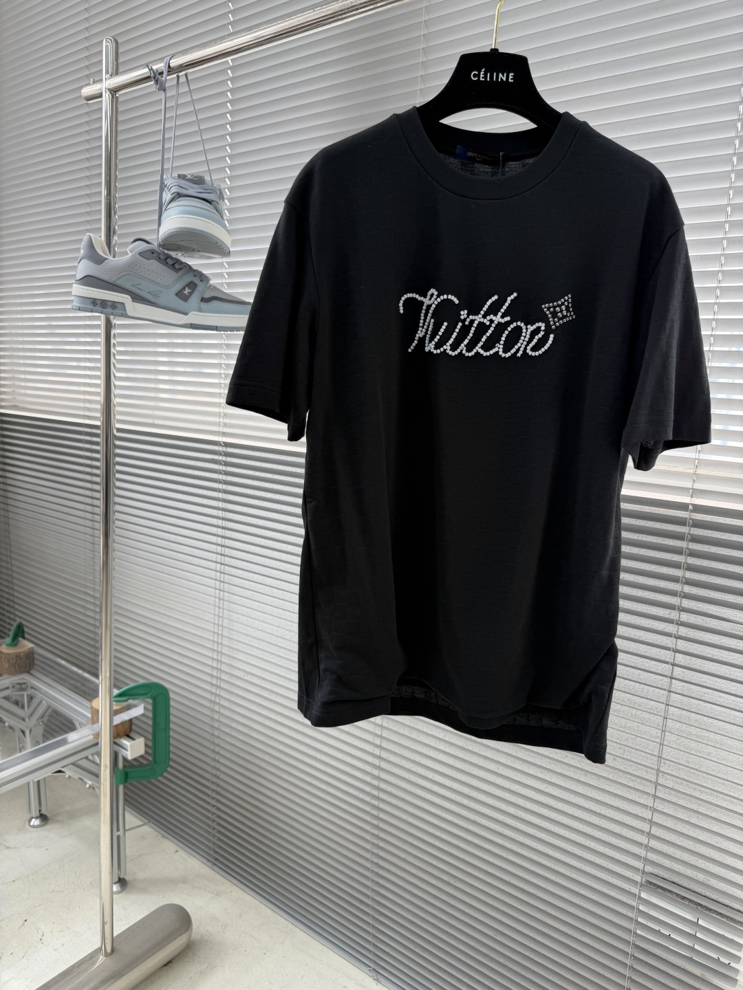 -驴牌 棋盘格串珠短袖T恤 黑色有机棉珠饰刺绣梭织胸前纯人工穿珠工艺，男女同款码数：S M L XL尺码