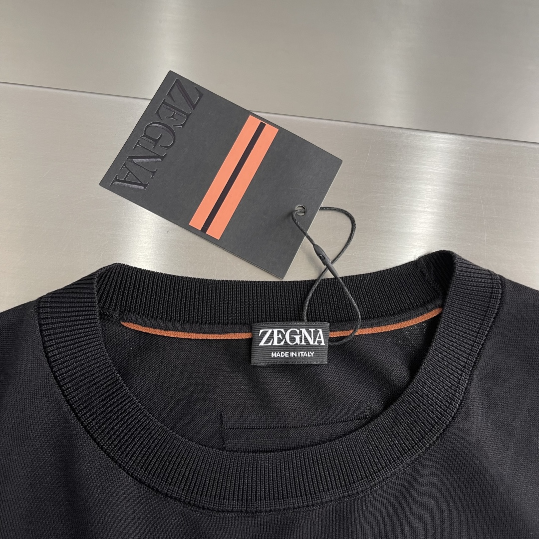 -Z Zegn    26SS春夏新款进口醋酸天丝混纺针织圆领毛衣，男士经典双杠标识提花休闲短袖T恤针织