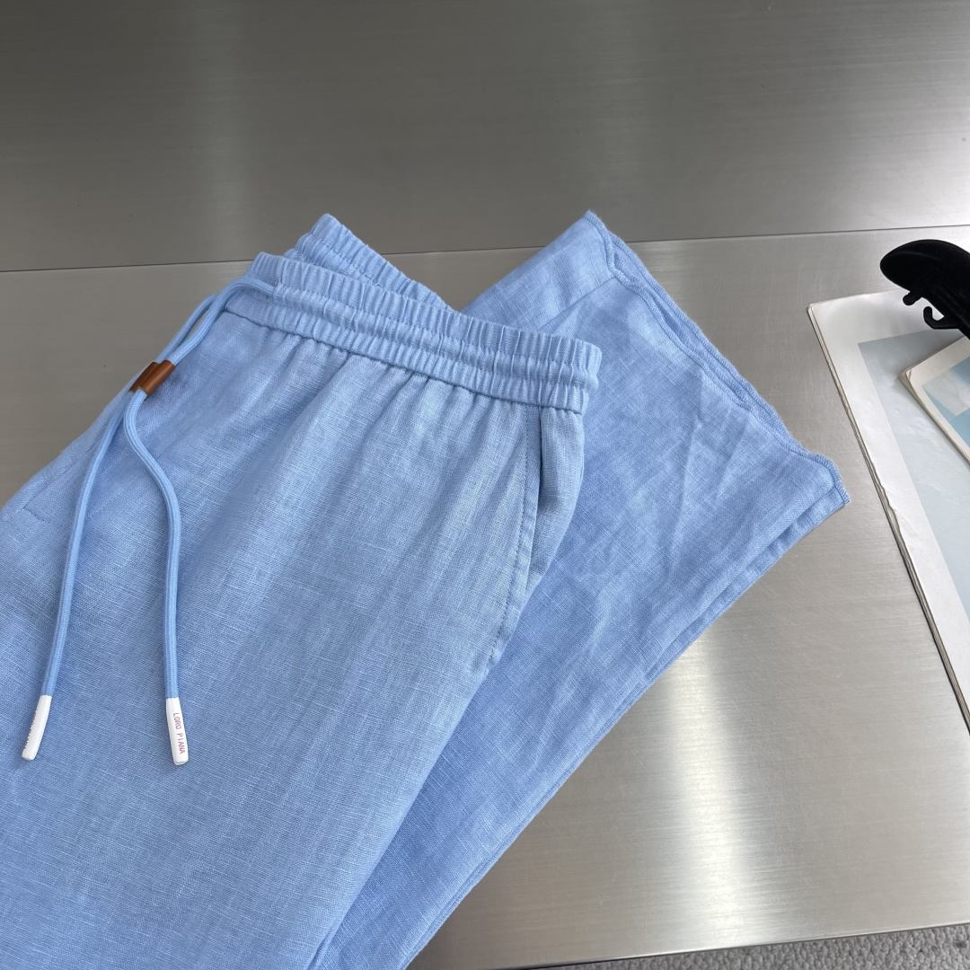 -Loro Piana    100%亚麻皮质扣抽绳休闲长裤一、核心材质与工艺  1. 面料：100%进