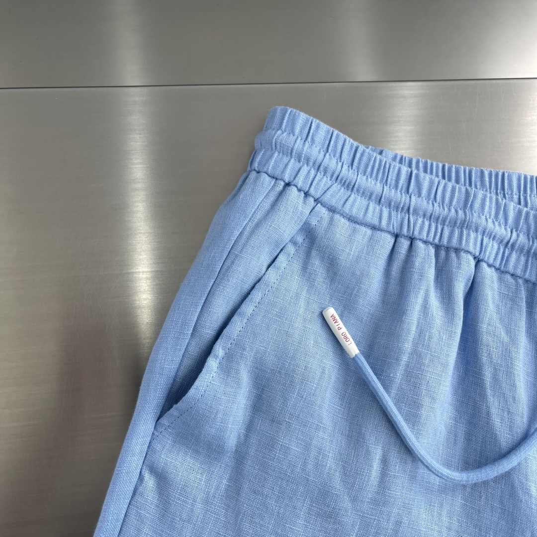-Loro Piana    100%亚麻皮质扣抽绳休闲长裤一、核心材质与工艺  1. 面料：100%进