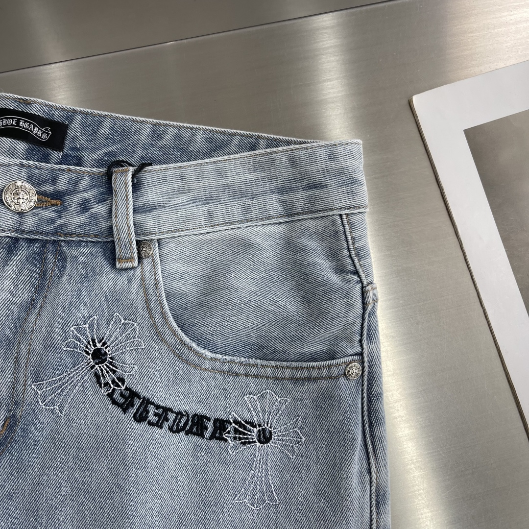 -CH 克罗心    牛仔短裤 梵文字母绣花男女同款式材质 牛仔布 尺码：M-XXL