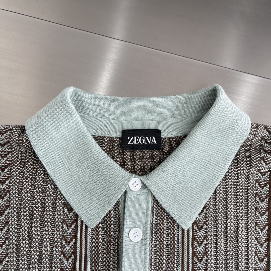 -Z Zegn    独特蟒纹针织立体提花纹理精选特定纱线含羊毛亚麻莱赛尔纤维三粒扣翻领针织短袖POLO
