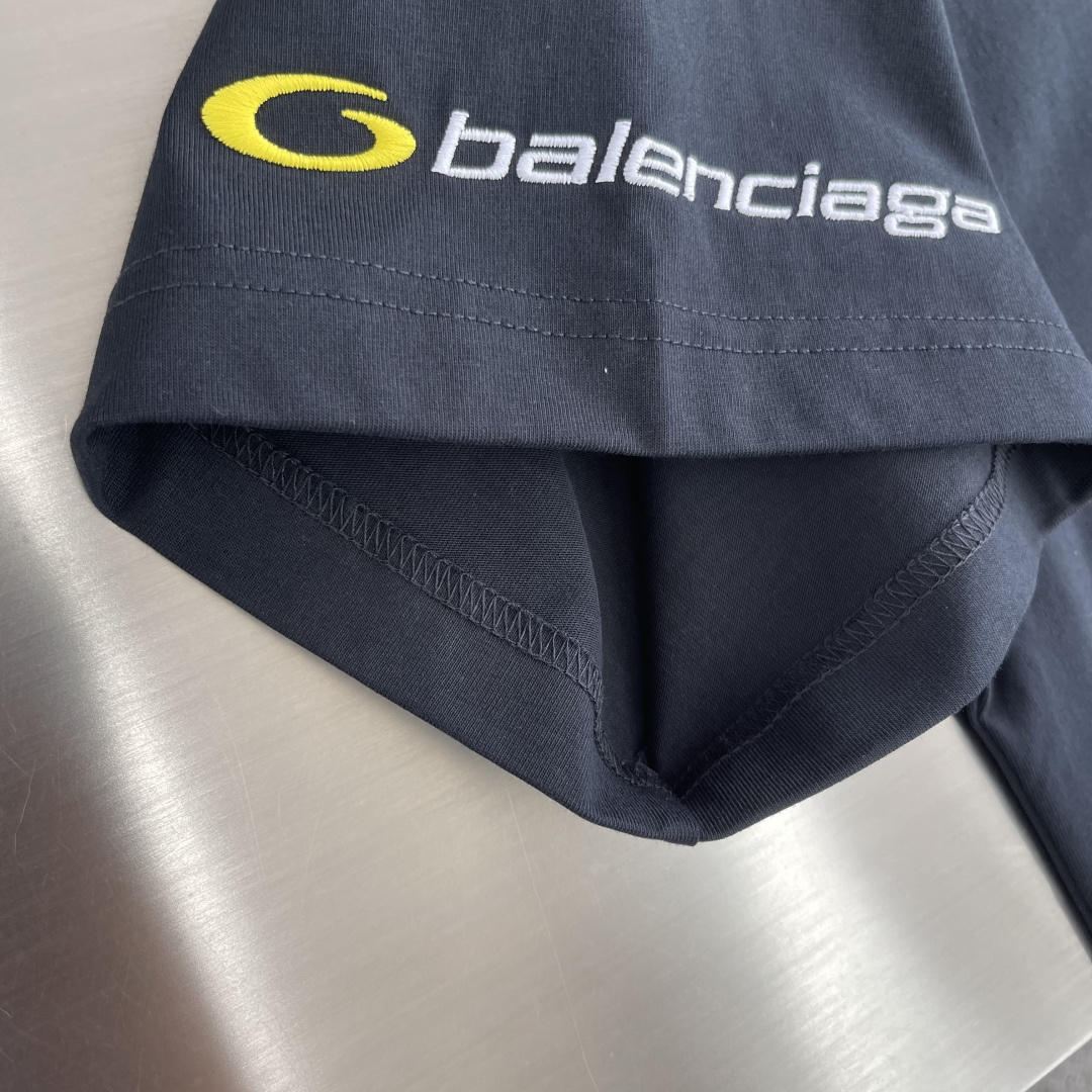 -Balenciag     SS26新款 蓝黄单环logo刺绣短袖 码数:S M L尺码	衣长	胸围 