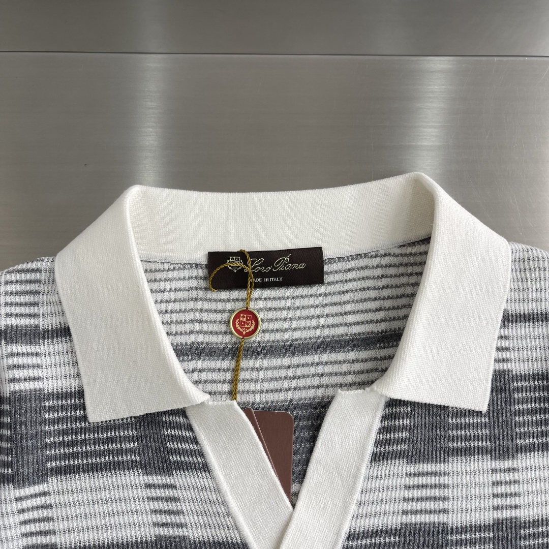 Loro Piana 26SS春夏新款醋酸亚麻混纺针织翻领短Tee,男士立体竖条纹肌理提花商务休闲针织短袖Polo衫 4