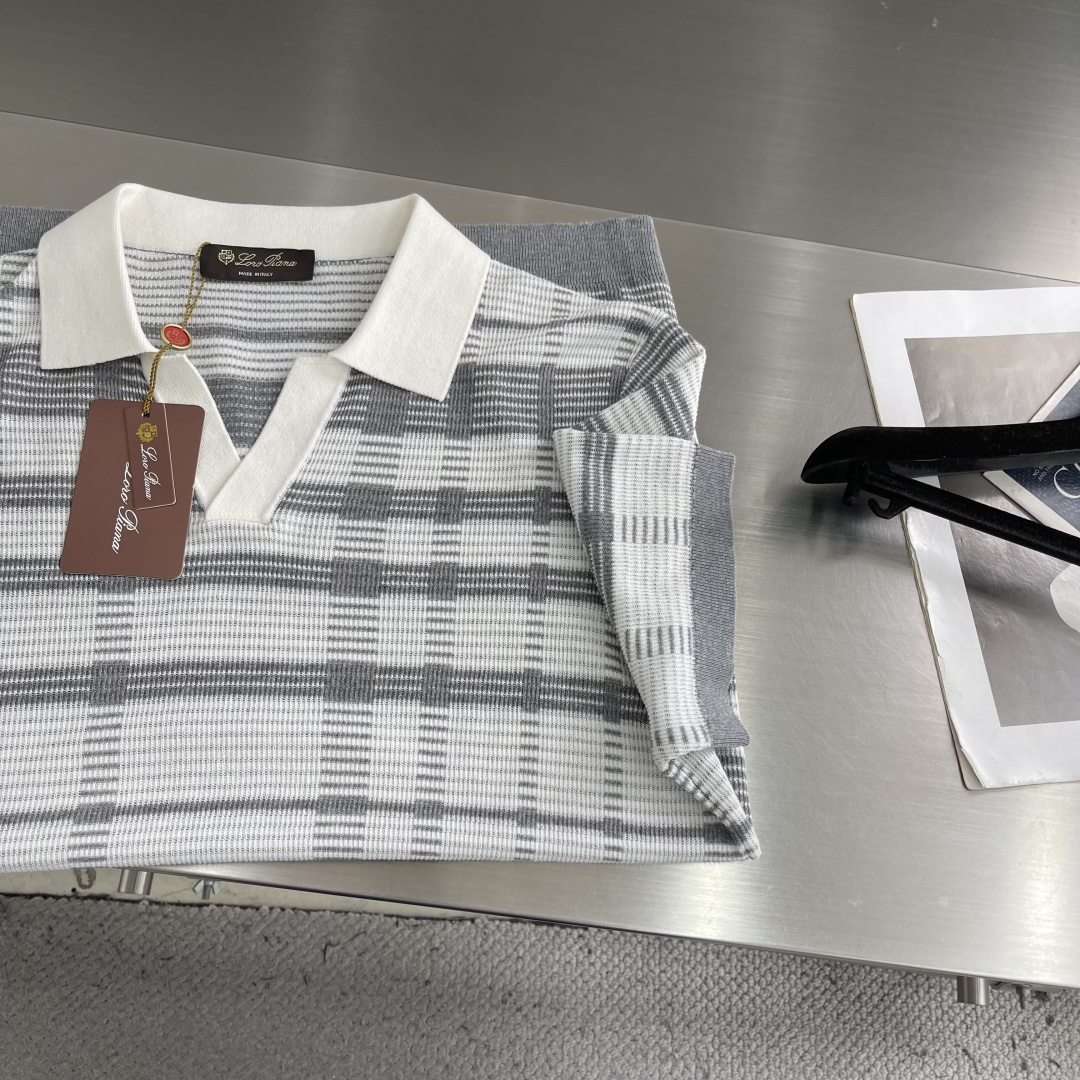Loro Piana 26SS春夏新款醋酸亚麻混纺针织翻领短Tee,男士立体竖条纹肌理提花商务休闲针织短袖Polo衫 8