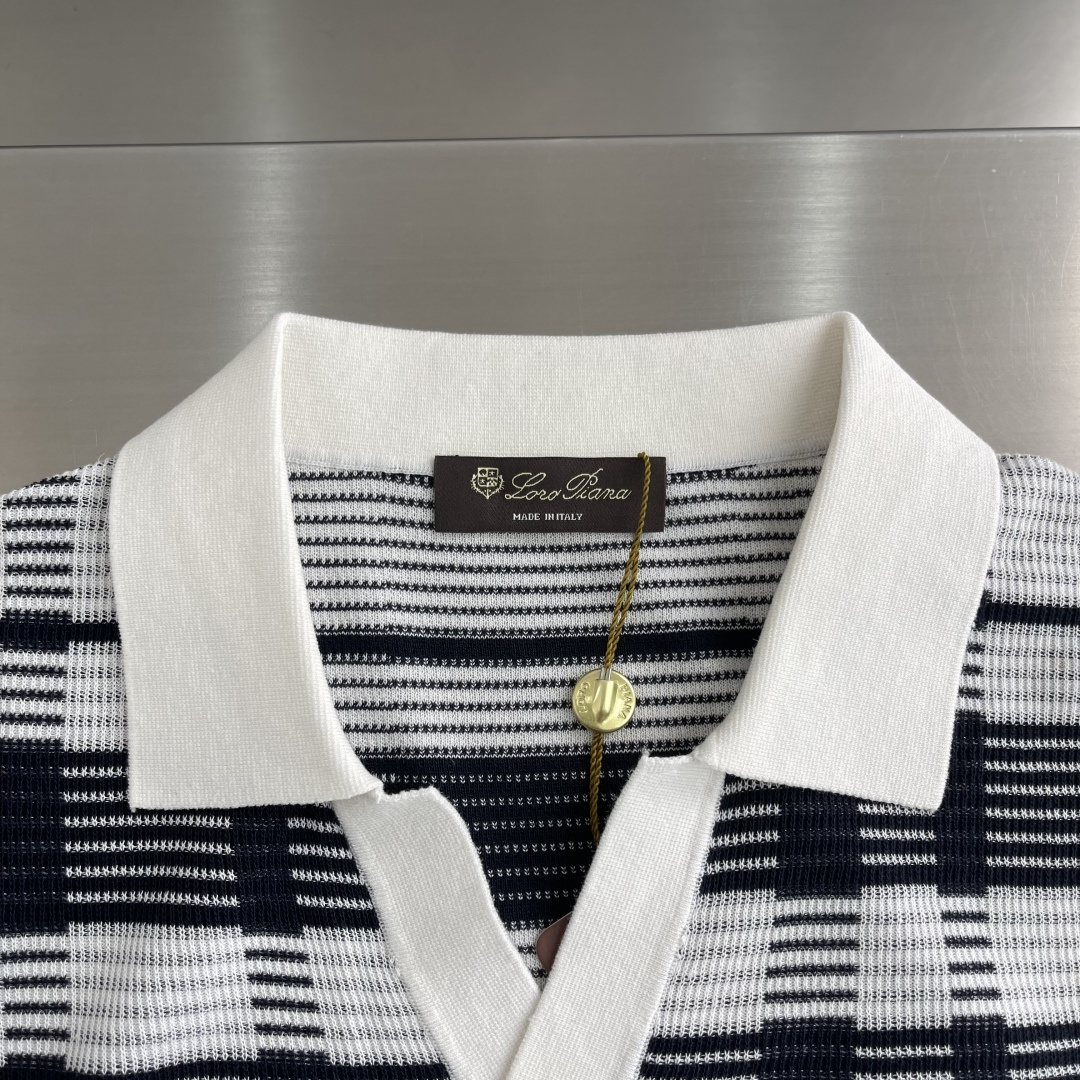 Loro Piana 26SS春夏新款醋酸亚麻混纺针织翻领短Tee,男士立体竖条纹肌理提花商务休闲针织短袖Polo衫 4
