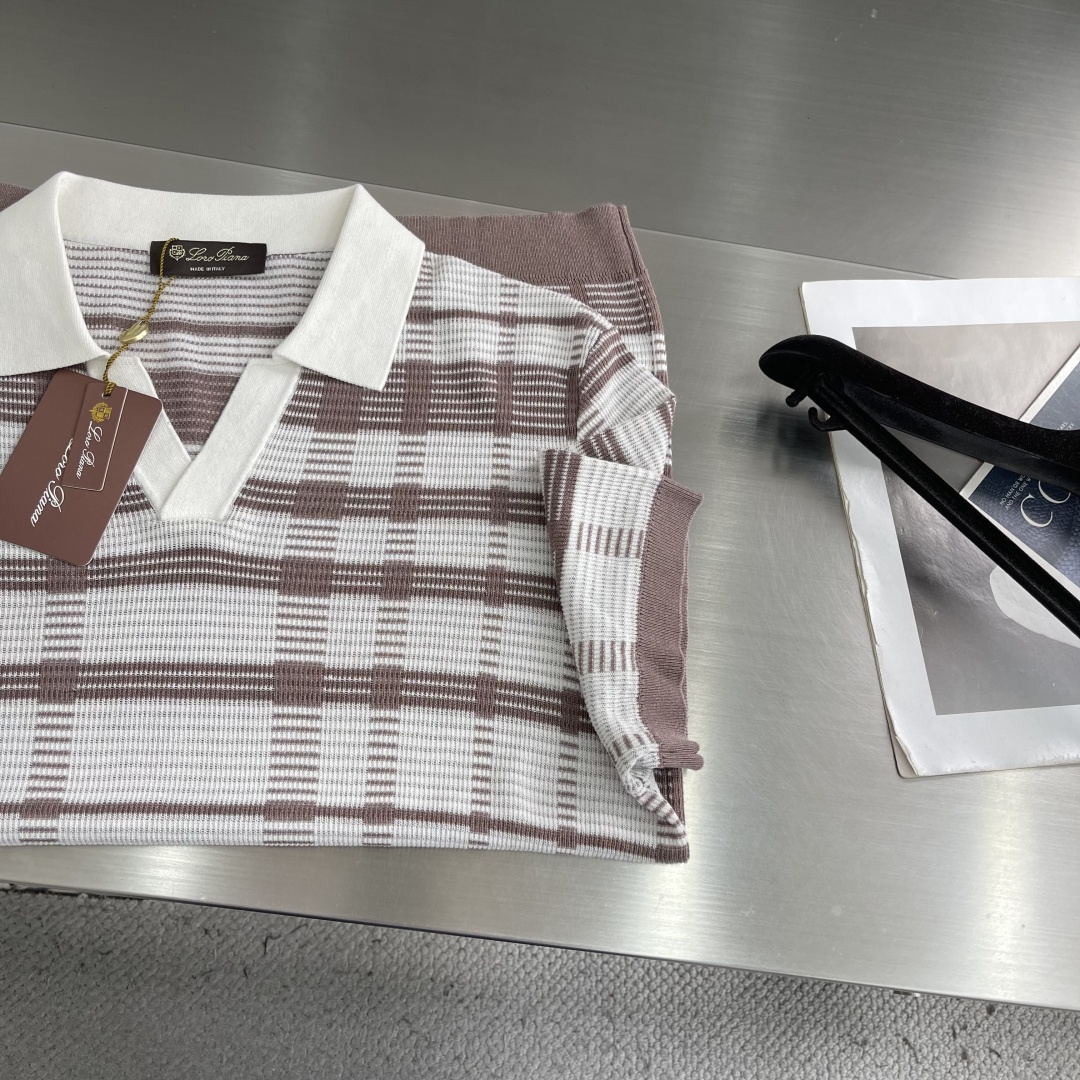 Loro Piana 26SS春夏新款醋酸亚麻混纺针织翻领短Tee,男士立体竖条纹肌理提花商务休闲针织短袖Polo衫 8