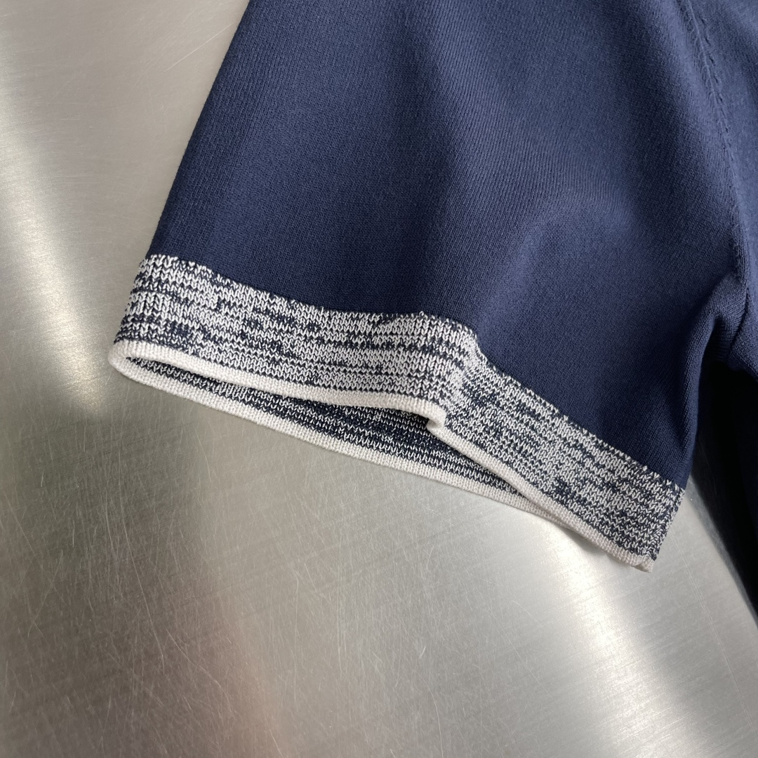 -Loro Piana     26SS春夏新款进口科技纤维混纺撞色圆领针织短Tee，男士经典字母徽标刺