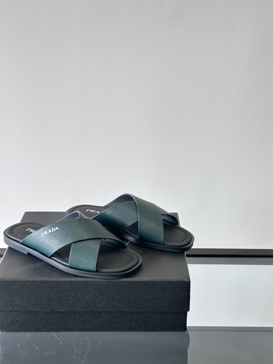 PRADA Men's Dark Green Cross Strap Leather Sandals Slides Size 39-44 8 cmp i1742968605456 8207 0 6