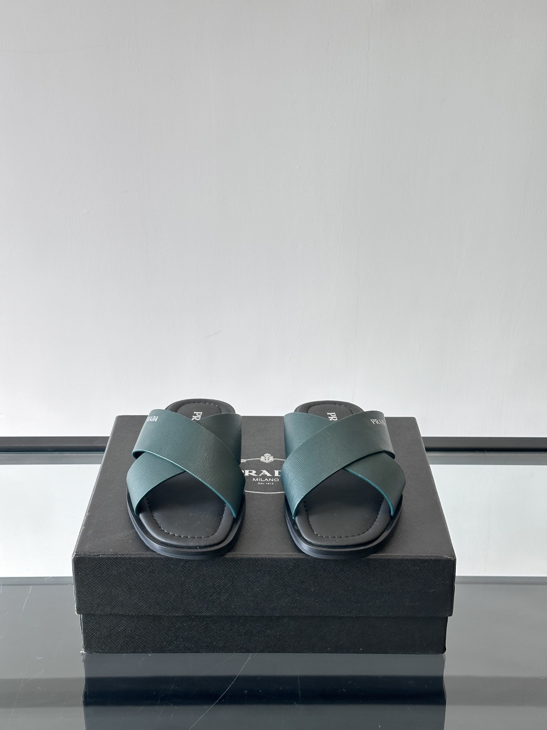 PRADA Men's Dark Green Cross Strap Leather Sandals Slides Size 39-44 3 cmp i1742968605481 5709 0 1