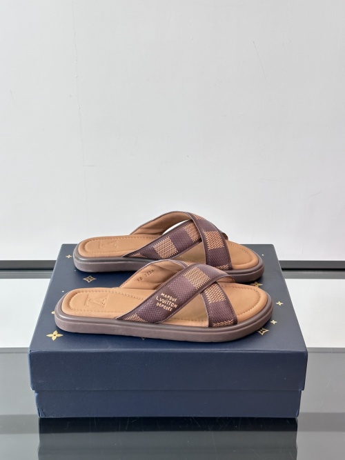 Louis Vuitton Men Brown Leather Sandals Luxury Summer Beach Slippers 1 Louis Vuitton Men Brown Leather Sandals Luxury Summer Beach Slippers