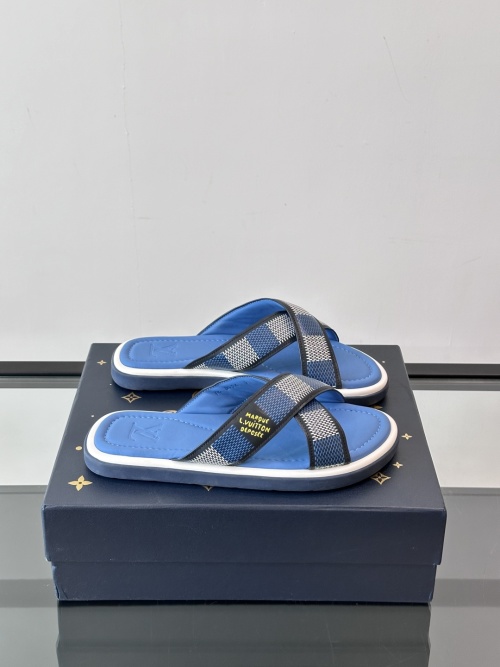 Louis Vuitton 2025SS Men's Blue Leather Slides, Checkerboard Print, Comfortable 1 Louis Vuitton 2025SS Men's Blue Leather Slides, Checkerboard Print, Comfortable