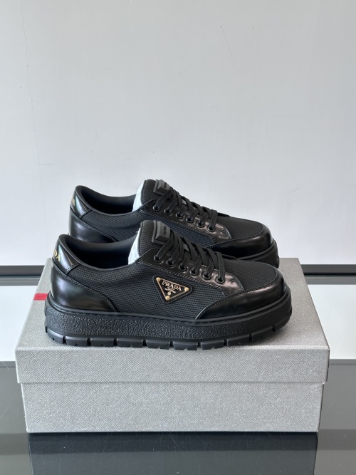 Prada Men's Black Leather and Mesh Lace-Up Sneakers with Logo Detail 1 Prada Men's Black Leather and Mesh Lace-Up Sneakers with Logo Detail