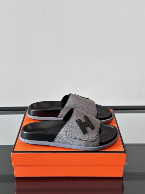 Hermes Men's Gray Leather Slide Sandals with 'H' Cutout | Size 39-46 1 Hermes Men's Gray Leather Slide Sandals with 'H' Cutout | Size 39-46