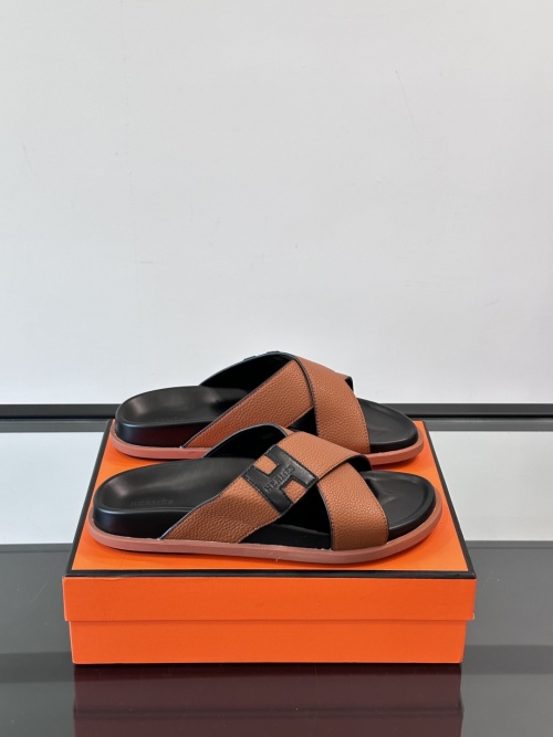 Hermès Men's Brown Leather H Cross Strap Sandals Slides Summer Beach Shoes 1 Hermès Men's Brown Leather H Cross Strap Sandals Slides Summer Beach Shoes