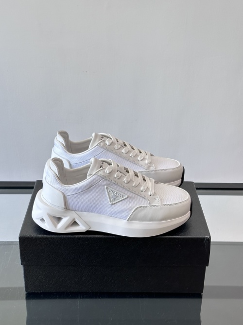 Prada Men's White Leather & Mesh Low-Top Sneakers with Thick Rubber Sole 1 Prada Men's White Leather & Mesh Low-Top Sneakers with Thick Rubber Sole