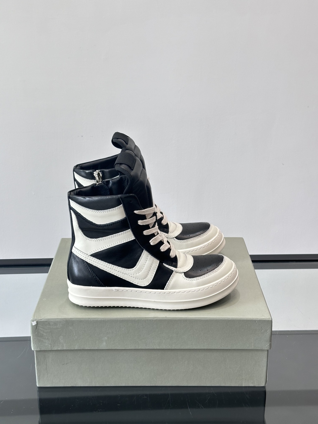 Rick Owens RO Fabled High-Top Sneakers: Black & White, Enhanced Height