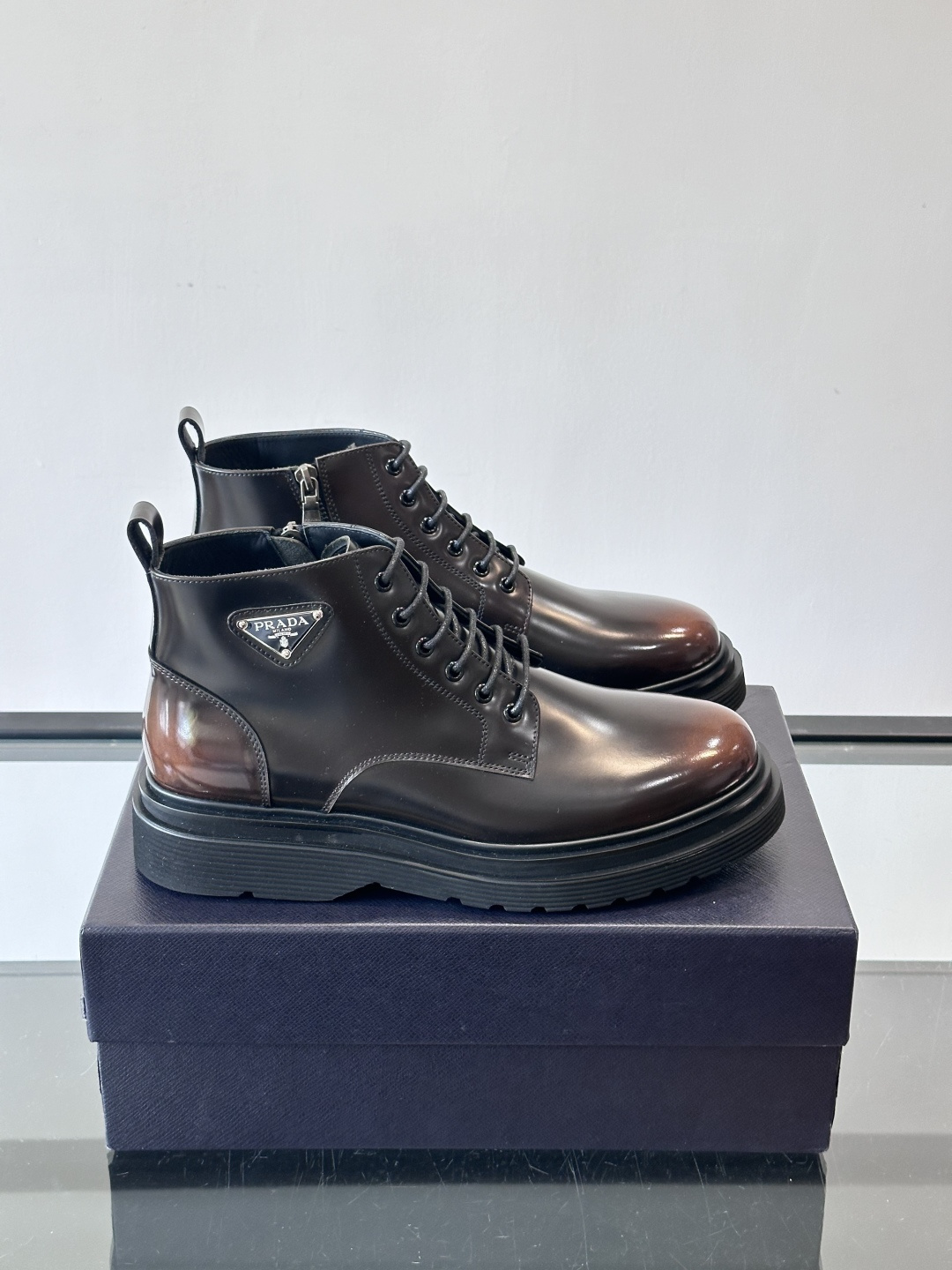 Prada Men’s Leather Ankle Boots – Lace-up & Zipper Closure, Black, Size 39-44