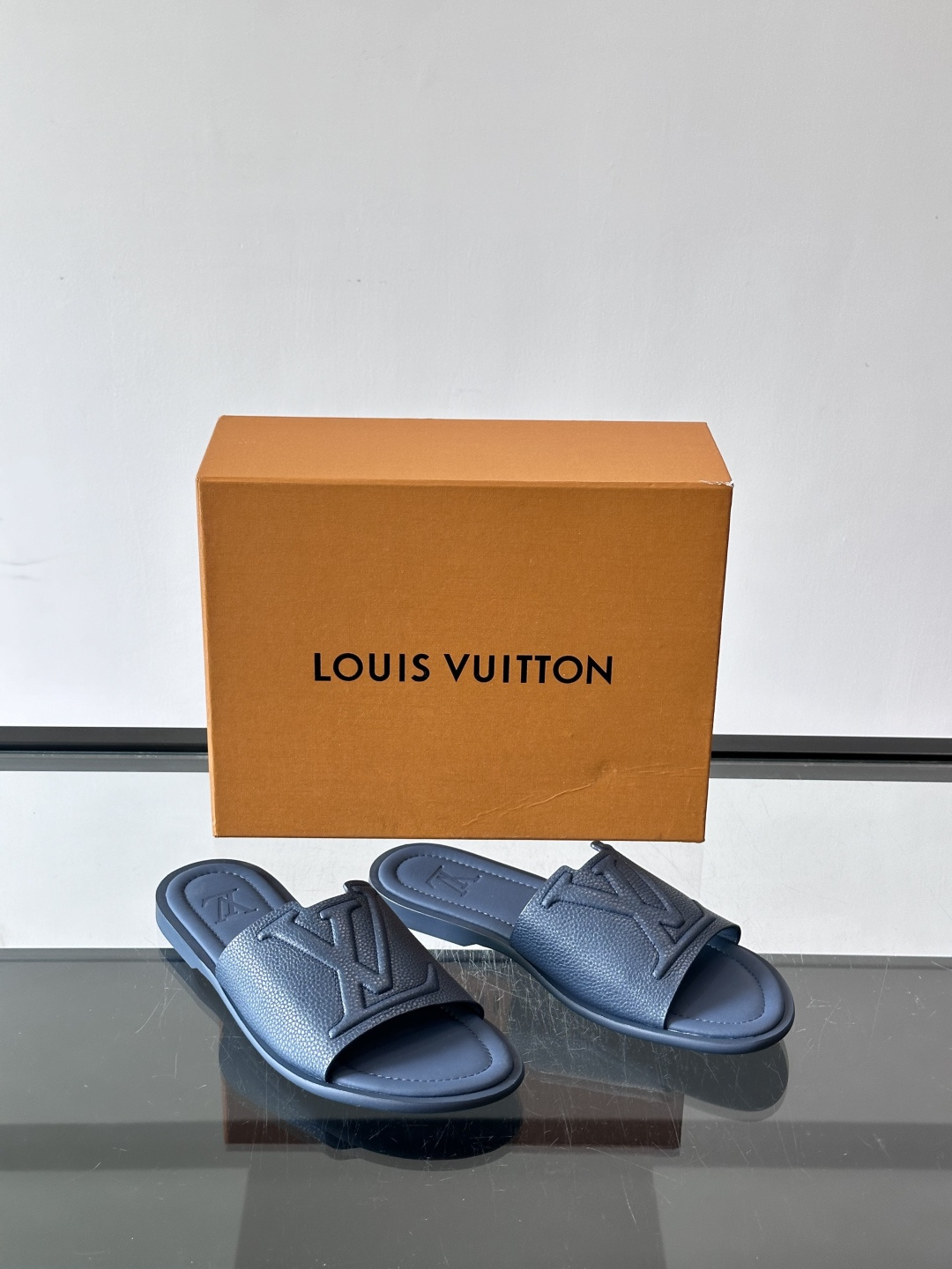 LV Navy Grainy Leather Embossed Logo Flat Slides
