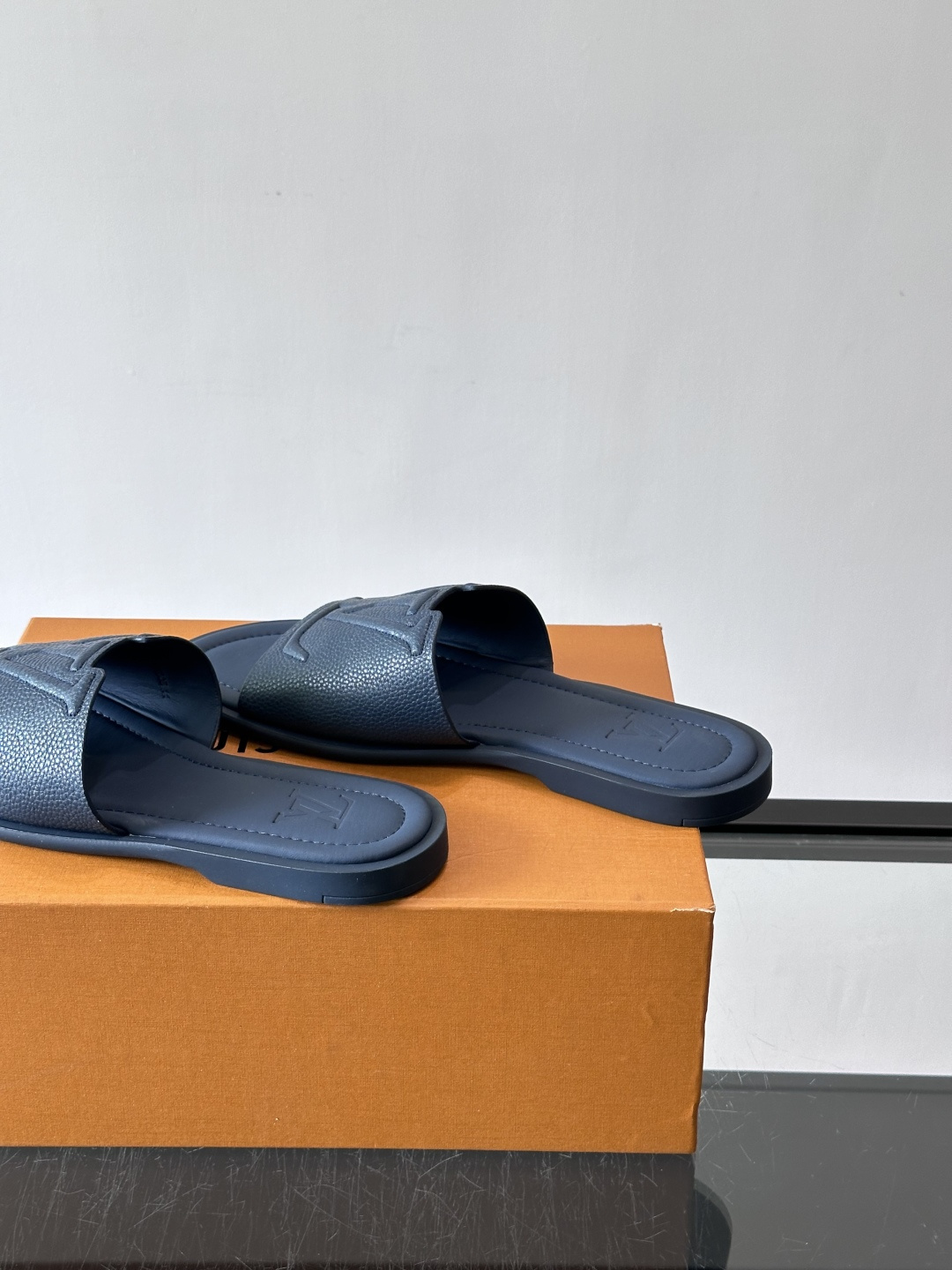 LV Navy Grainy Leather Embossed Logo Flat Slides