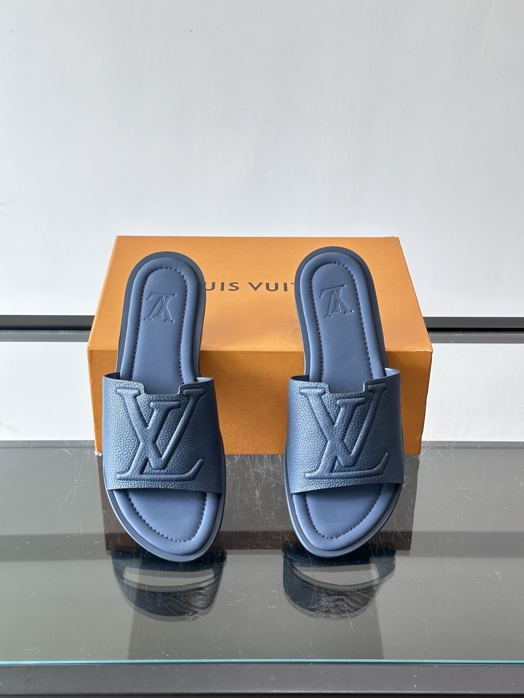 LV Navy Grainy Leather Embossed Logo Flat Slides