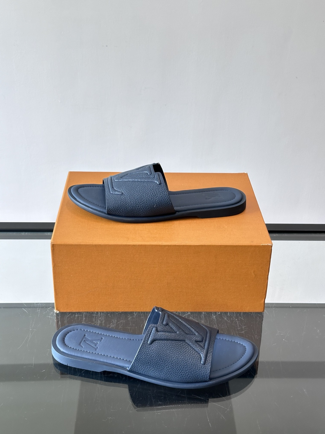 LV Navy Grainy Leather Embossed Logo Flat Slides