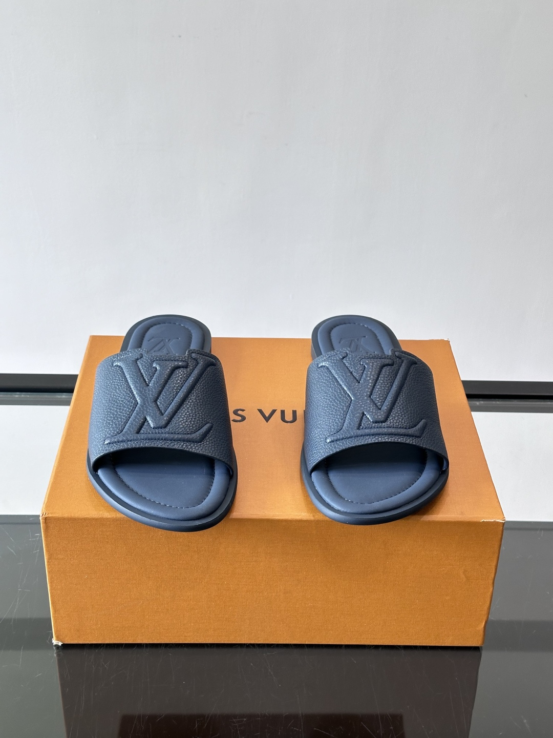 LV Navy Grainy Leather Embossed Logo Flat Slides