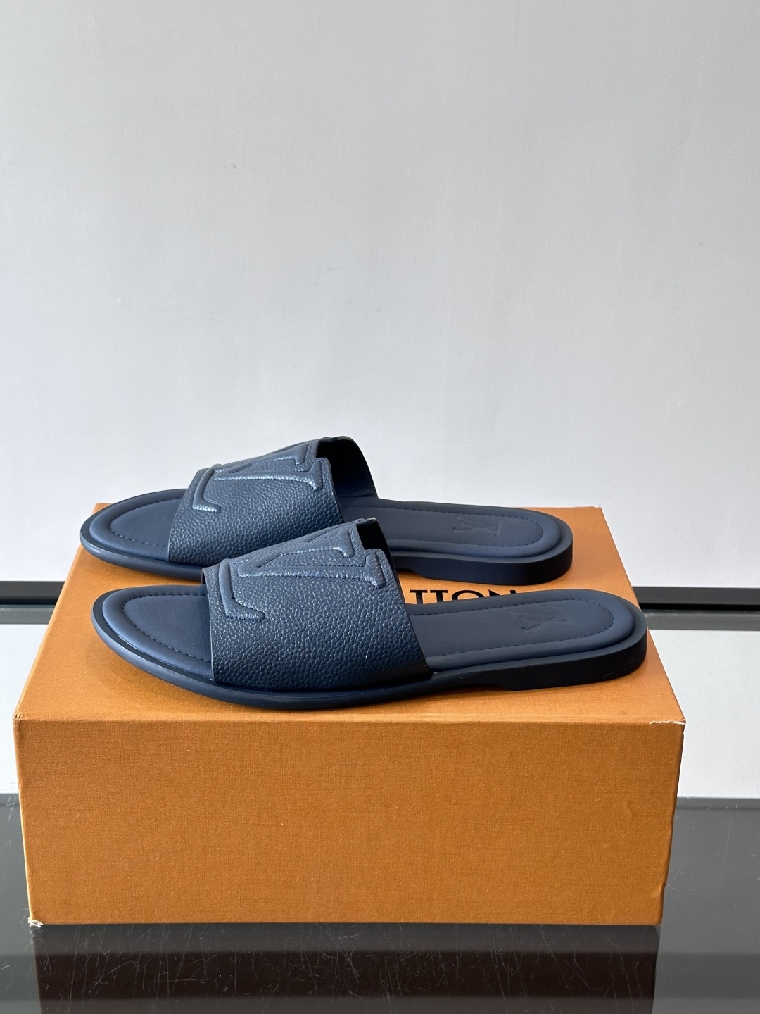 LV Navy Grainy Leather Embossed Logo Flat Slides
