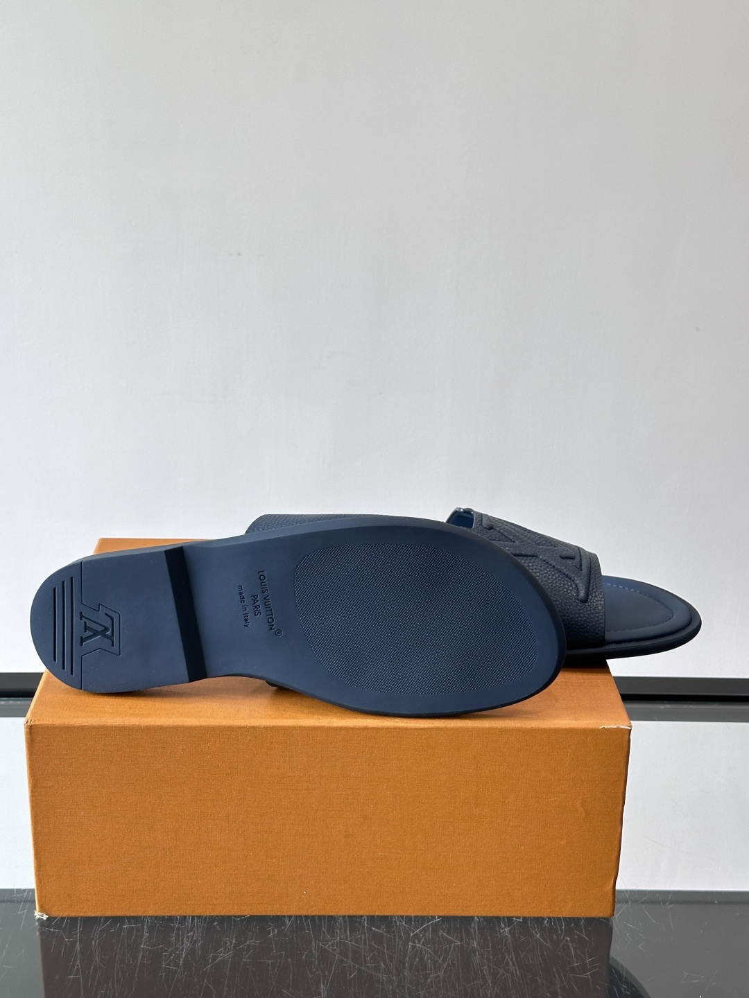 LV Navy Grainy Leather Embossed Logo Flat Slides
