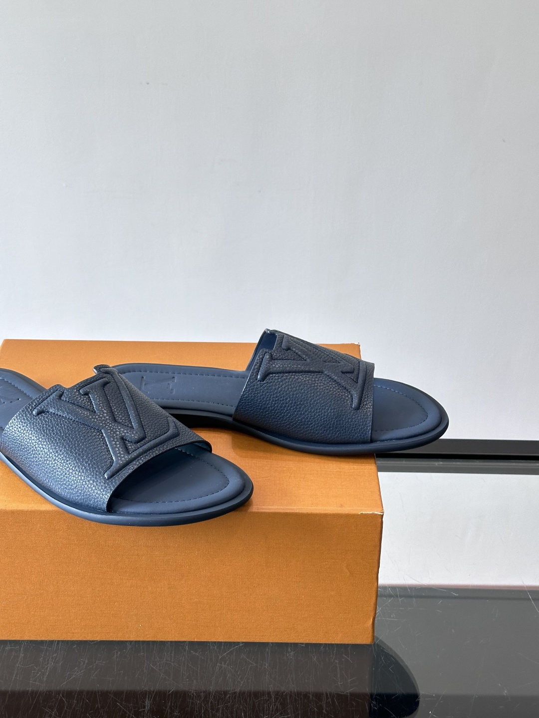 LV Navy Grainy Leather Embossed Logo Flat Slides