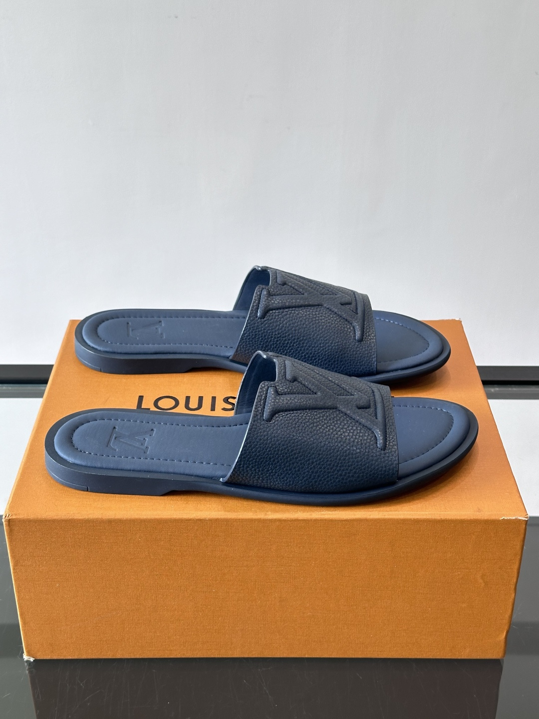 LV Navy Grainy Leather Embossed Logo Flat Slides