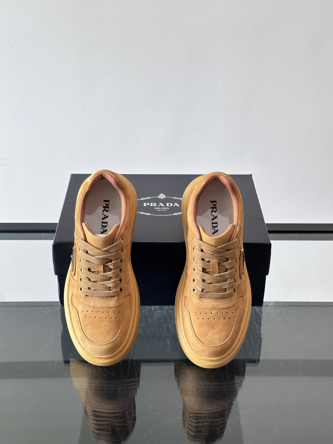 Prada Camel Suede Platform Sneakers