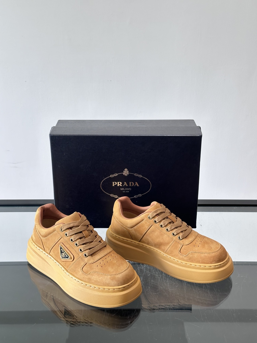 Prada Camel Suede Platform Sneakers