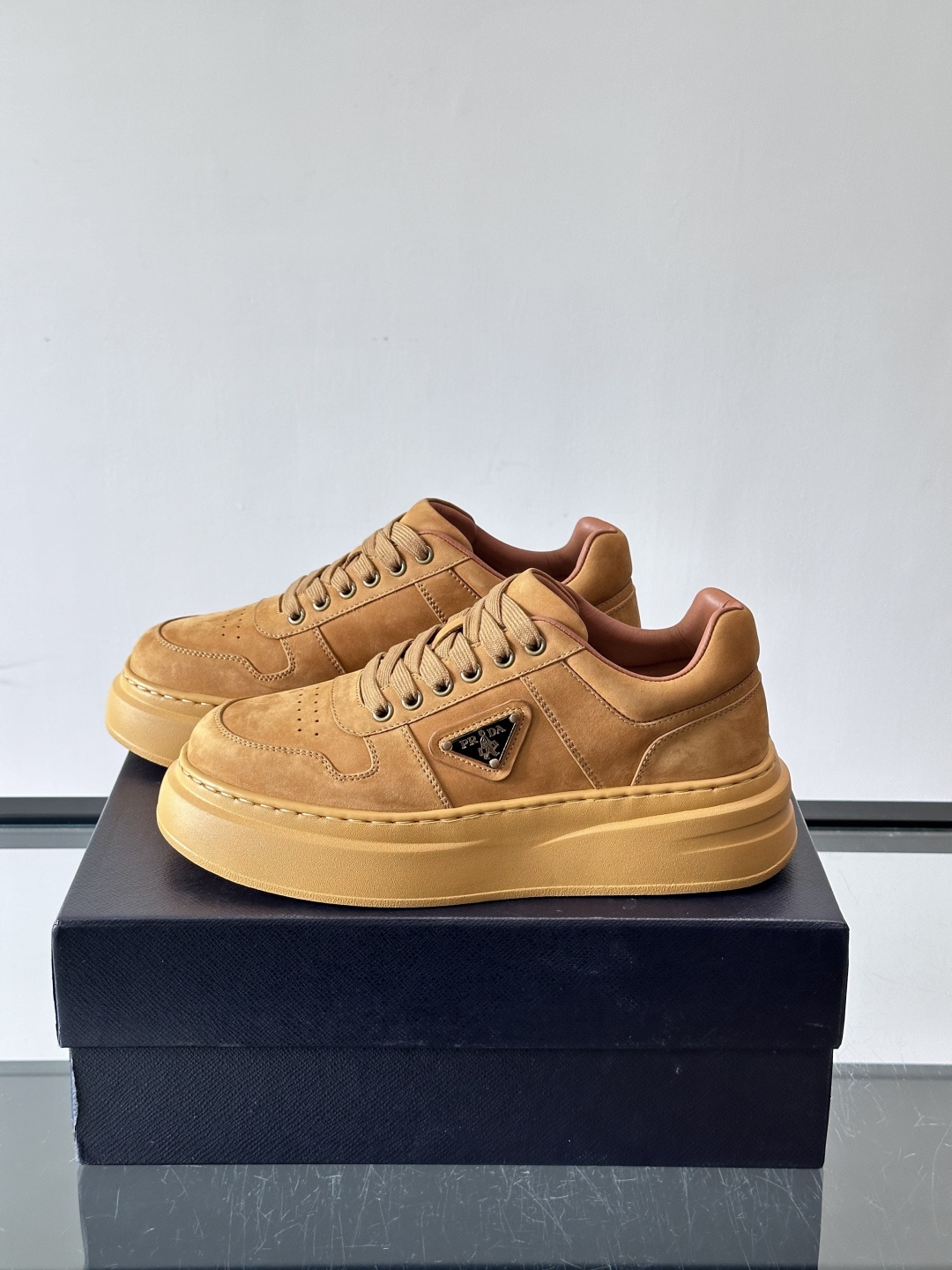 Prada Camel Suede Platform Sneakers