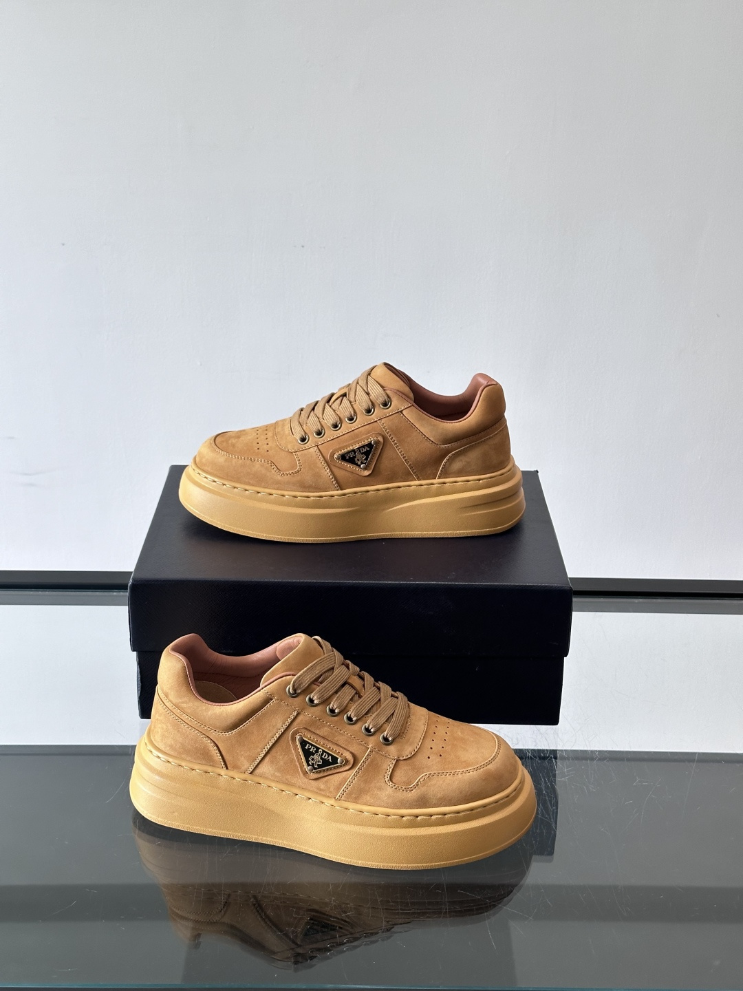 Prada Camel Suede Platform Sneakers