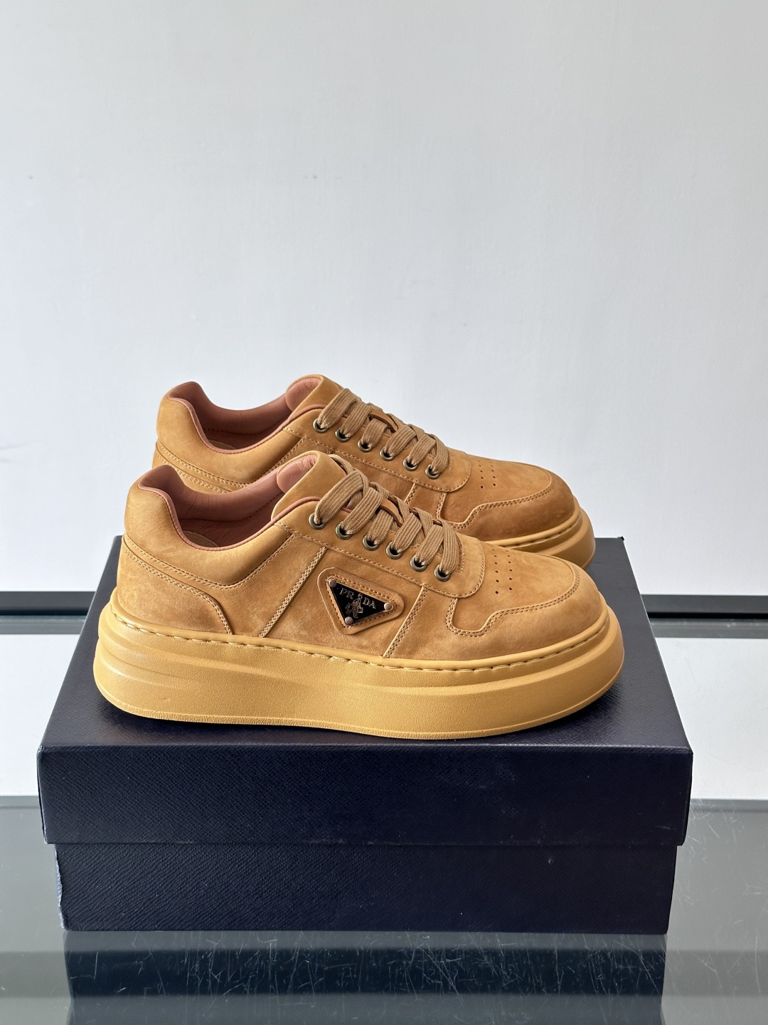 Prada Camel Suede Platform Sneakers