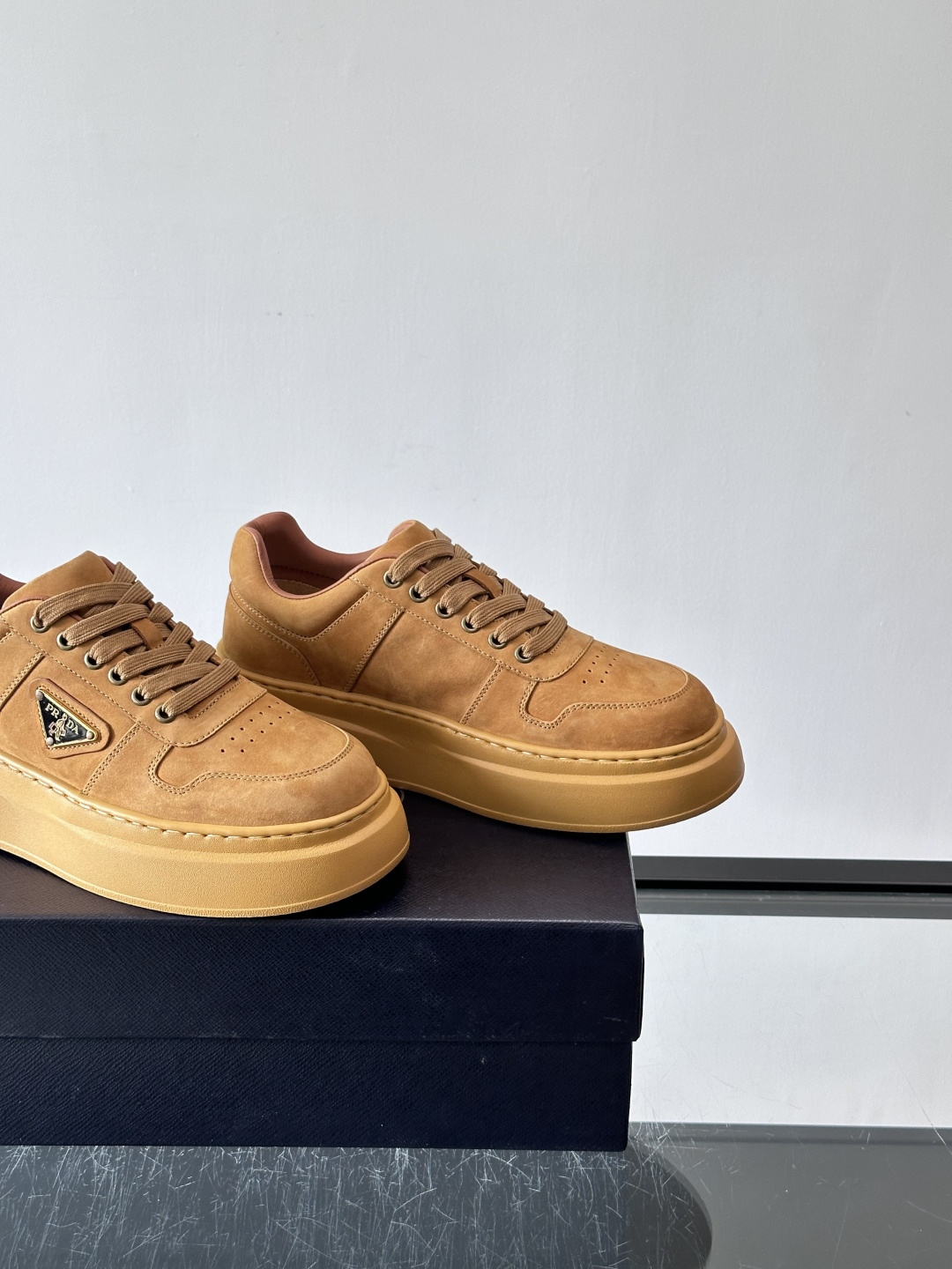 Prada Camel Suede Platform Sneakers
