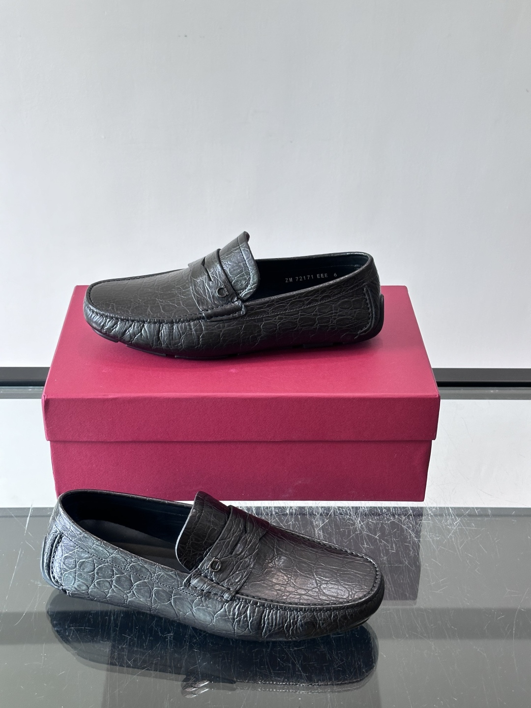 Ferragamo Black Croc Embossed Loafers