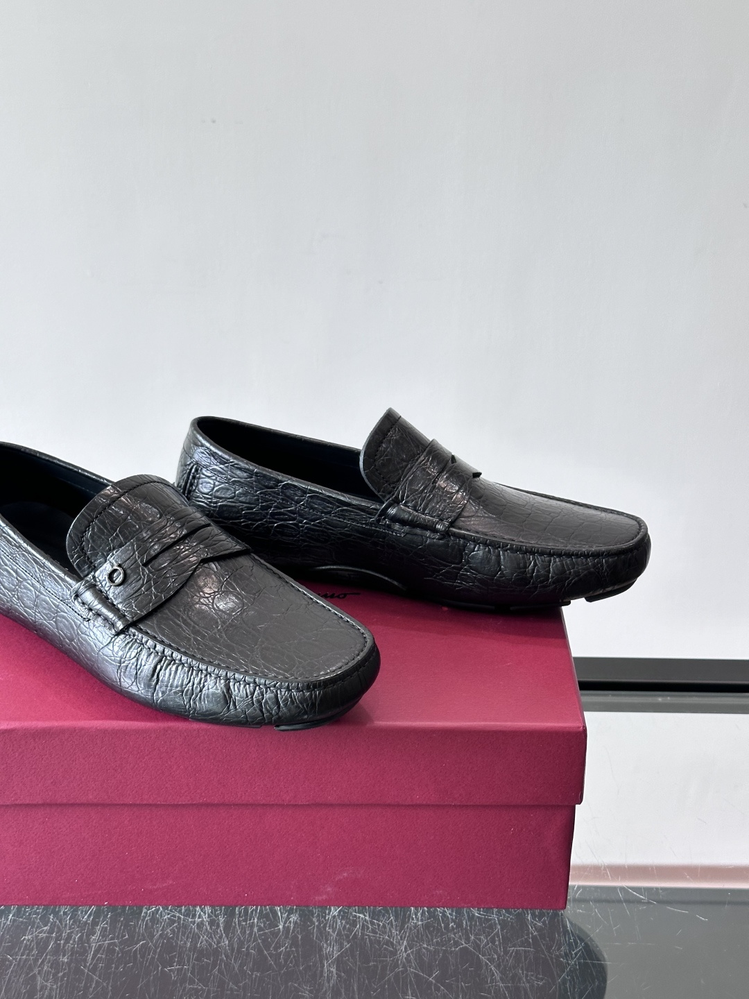 Ferragamo Black Croc Embossed Loafers