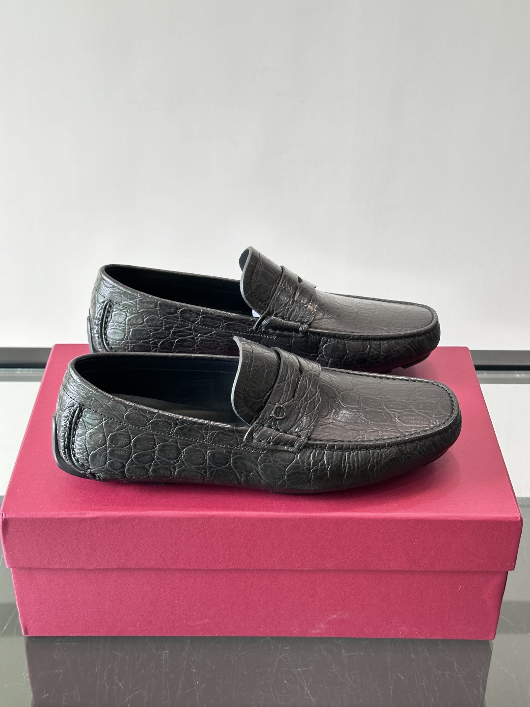 Ferragamo Black Croc Embossed Loafers