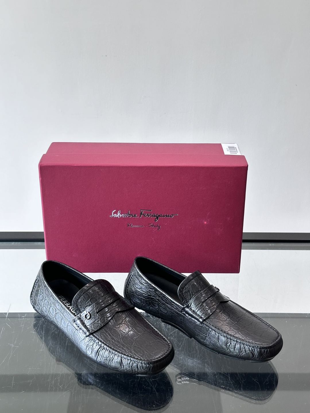 Ferragamo Black Croc Embossed Loafers