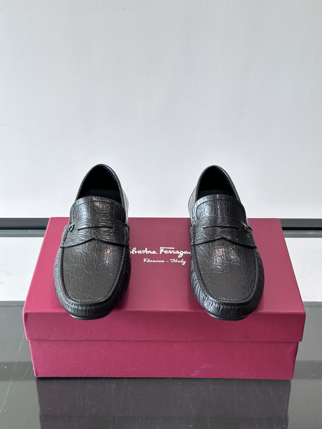Ferragamo Black Croc Embossed Loafers