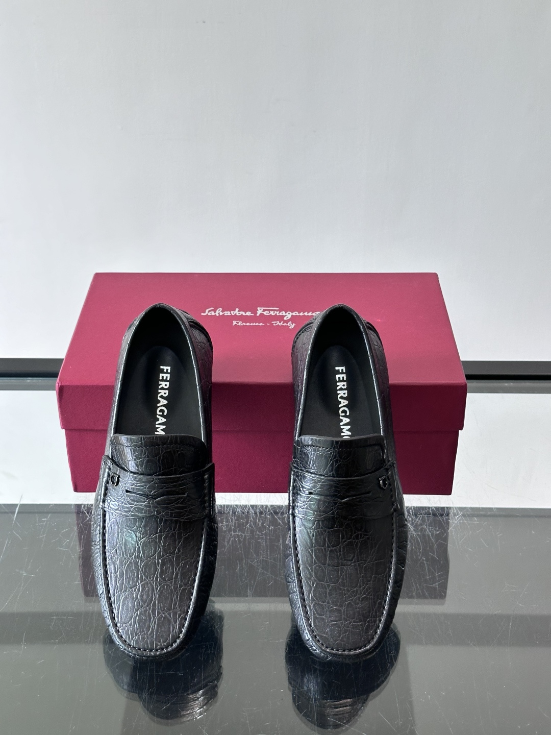 Ferragamo Black Croc Embossed Loafers
