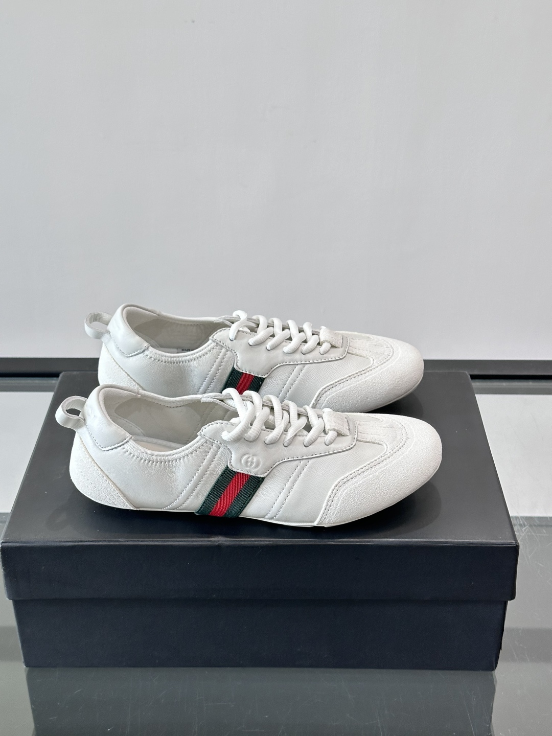 Gucci White Leather Suede Web Stripe Sneakers